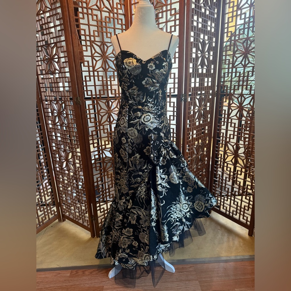 Vintage 1980s Black, Gold and silver Floral Cocktail dress by Loralie
